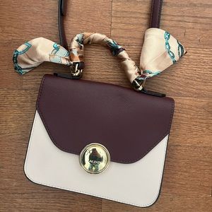 Two Tone, Burgundy Mini Handbag with Scarf detail on Handle